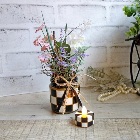 Black White Checked Vase Candle Set Wildflower Arrangement Buffalo Check Vase - Picture 1 of 6
